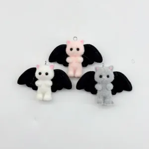 Cute Flocked Resin 3D Cartoon Cat Figure Charm With Bat Wings For DIY Keychain Bag Phone Pendant Crafts Jewelry Making