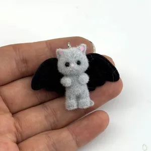 Flocked resin cute gray cat bat wings keychain bag charm cartoon pendant DIY accessory