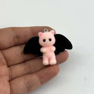 Cute flocked pink cat bat wings keychain charm DIY bag pendant 3D resin cartoon doll toy