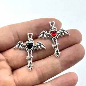 Gothic Zinc Alloy Bat Wings Heart Cross Pendant Rhinestone Dark Punk Style Charms For DIY Necklace Bracelet Making Findings
