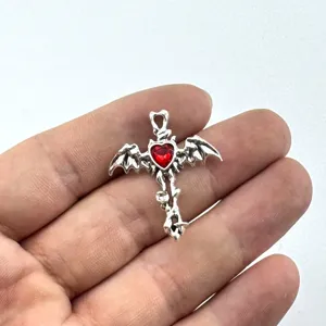 Gothic Bat Wing Cross Pendant Red Heart Gemstone DIY Jewelry Necklace Bracelet Accessory