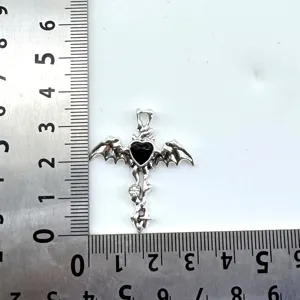 Gothic bat wing cross pendant detail, black heart charm for DIY necklace jewelry making.