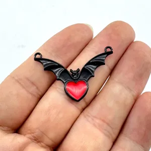 Black bat wing red heart pendant zinc alloy DIY jewelry accessory for necklace earrings