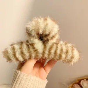 Brown fluffy striped hair claw clip winter plush shark clip for thick hair styling detail view
