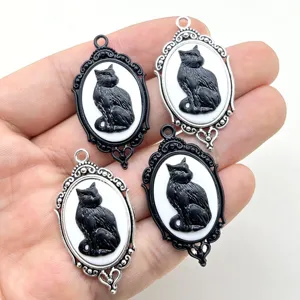 Colgante de Cameo de Gato Negro Gótico Aleación Vintage Chapada en Plata Dijes de Gato para DIY Joyería Halloween