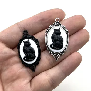 Set de colgante de camafeo de gato negro gótico accesorio de joyería DIY marco y plata.