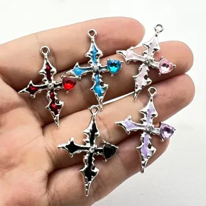 Gothic Zinklegierung Kreuz Herz Anhänger Emaille Öltropfen Strass Handwerk Komponente DIY Halskette Ohrring Herstellung Material Schmuckzubehör