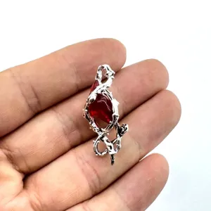 Punk Gothic dark style irregular red gemstone silver thorn pendant necklace for unisex