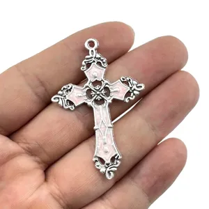 Vintage Antiksilber Kreuz Anhänger mit rosa Emaillierung blumig DIY Schmuckzubehör Stk
