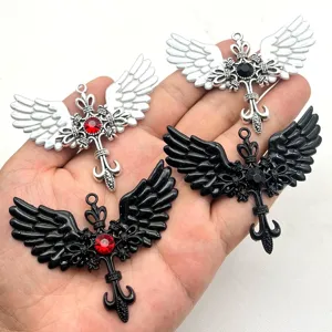 Gothic Cross Angel Wings Pendant Necklace Alloy Rhinestone Dark Punk Nun Dress Up Accessory Charm Only Without Chain