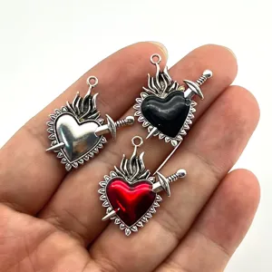 Gothic Vintage Antique Silver Alloy Heart Pendant Sword Through Heart Charm For DIY Jewelry Making Accessories Pendant Only