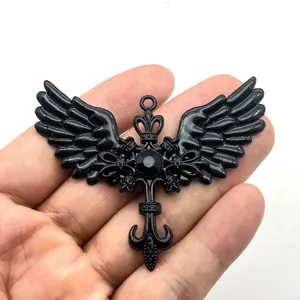 Gothic black cross wing necklace pendant, dark punk style Halloween cosplay jewelry accessory.