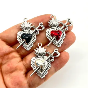 Vintage Zinc Alloy Sacred Heart Pendant Arrow Through Heart Dagger Charm Electroplated Religious Gothic Hip Hop Style DIY Jewelry Making Craft Accessory Charm Only