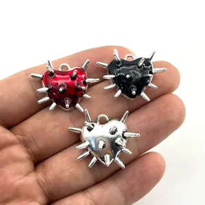 Gothic Punk Thorn Heart Pendant Zinc Alloy Drip Oil Charm For DIY Jewelry Making Dark Style Red Black Silver Metal Hanging Accessories