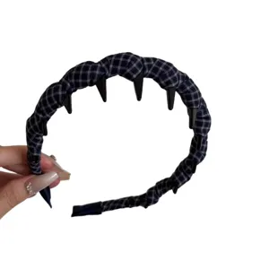 Dunkelblau karierter Haarreif mit Zähnen wellenförmig stilvoller Haarschmuck für Damen.