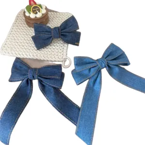 Pince a cheveux noeud en denim bleu retro coreen longue queue accessoire de mode pour femmes