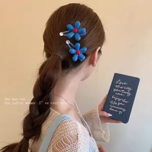 Chic blue flower hair clips with red center and crystal rhinestones, sweet side bangs duckbill clip.