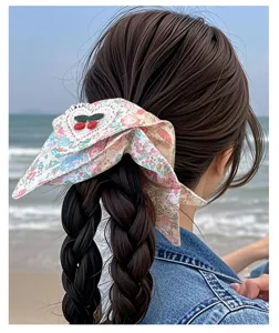 Cute pink floral hair scarf scrunchie with lace heart and cherry embroidery for women.
