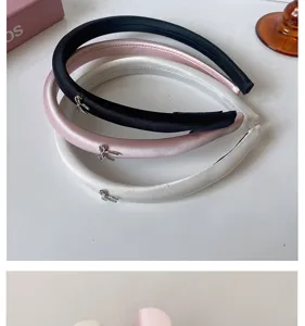 Satin thin headbands for women with cute metal bow charms, 3 colors black pink white chic hair hoops
