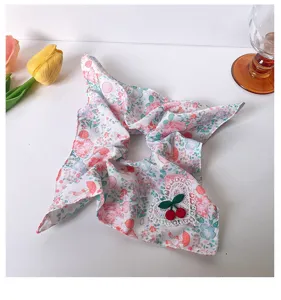 Pink floral scrunchie with cute cherry and lace heart embroidery, sweet Korean hair accessory.