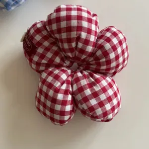 Red white gingham flower hair scrunchie cute aesthetic fabric hair tie for women and girls.