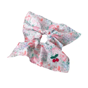 Cute pink cherry floral hair scrunchie large scarf ponytail holder sweet hair accessory
