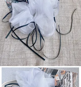Gedetailleerde detailopname van witte organza haarelastiek met lange zwarte linten.