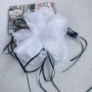 Franse Balletstijl Witte Organza Scrunchie Met Zwarte Lintstrik Grote Haarelastiek Voor Dames Elegante Haaraccessoires Party