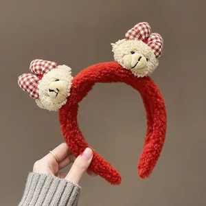 Rotes Plüsch Teddybär Haarband mit karierter Schleife, süßes Haaraccessoire für Herbst Winter.