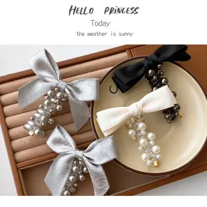 Anello per capelli stile coreano con fiocco, filo telefonico di perle per coda di cavallo chic.