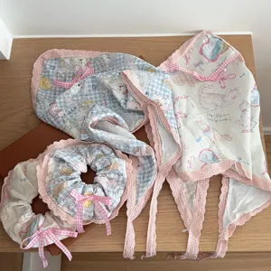 Foulard Triangle Vintage Showa Girl Plaid Chien Chat Mignon Bandeau en Dentelle Nœud Coiffe Accessoires Cheveux Doux