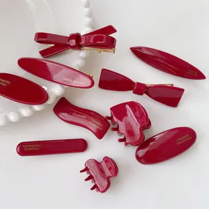 Vintage Wine Red Bow Hair Clip Sweet Elegant Acetate Duckbill Clip Handmade Heart Wave Shape Hairpin Hair Claw Accessory For Women