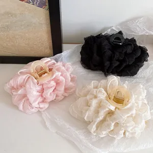 French Vintage Acetate Large Mesh Bowknot Hair Claw Elegant Pleated Fabric Shark Clip Sweet Flower Hairpin For Women