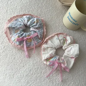 Chouchou à cheveux en dentelle à carreaux avec joli imprimé chat et chien, accessoire.