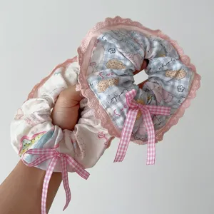 Chouchous de cheveux en dentelle rétro avec imprimé chiot mignon et nœuds à carreaux, accessoires.