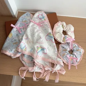 Style rétro Showa mignon chat chien imprimé bandana triangle et ensemble chouchou en dentelle