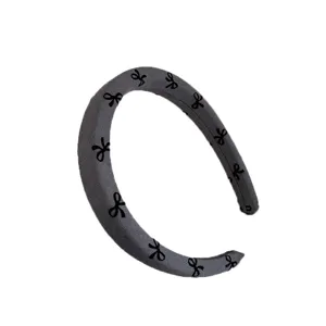 Korean style wide bow headband for women, cute grey hair hoop with black bow prints for daily wear.