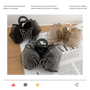 Pinza de pelo brillante con lazo de malla de estrás elegante pinza tiburón accesorios mujer