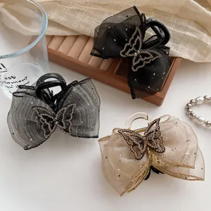Pinza de Pelo Elegante Lazo de Malla Diamante de Imitación Mariposa Horquilla de Moda Accesorios de Peinado para Mujer