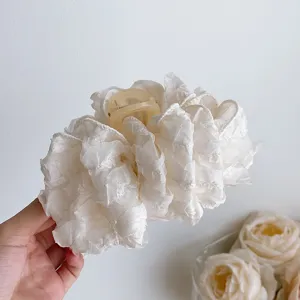 White large ruffled bow hair claw clip, elegant aesthetic hair accessory for thick hair.