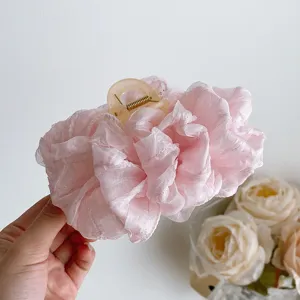 Pink chiffon bow hair claw clip, large fluffy cute hairpin for women and girls daily wear.