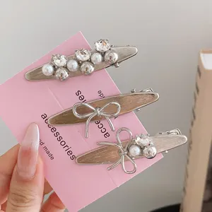 Korean silver bow pearl rhinestone duckbill hair clip set fashion sweet girl side hairpin