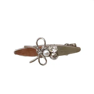 Silver metal hair clip with bowknot pearls rhinestones sweet cool style duckbill barrette