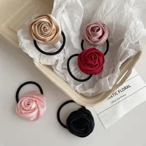 Satin rose flower hair ties elastic rope Korean style ponytail holder chic accessories