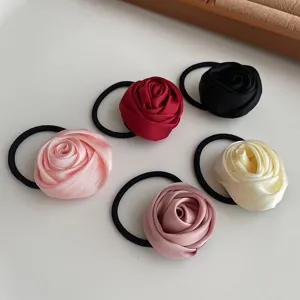 Satin rose flower hair tie, elegant elastic hair rope, cute floral scrunchy for women.