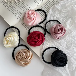 Satin Rose Flower Hair Scrunchies Handmade Fabric Elastic Hair Bands Sweet Floral Ponytail Holder Headwear For Women