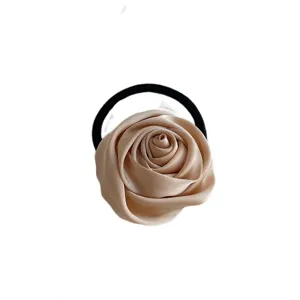 Chic satin rose flower hair tie with black elastic band, elegant floral hair accessory.