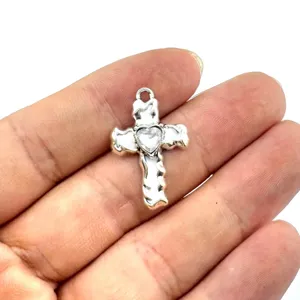 Vintage Zinklegierung Kreuz Anhänger DIY Schmuckherstellung Charme mit funkelndem Herz Kristall