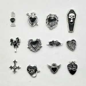 Gothic black enamel nail charms vintage skull cross heart alloy DIY art accessories detail