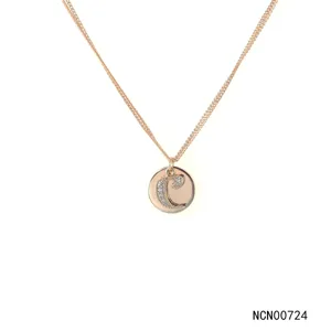 Gold-plated double chain necklace featuring a zircon-paved letter C round pendant for women.